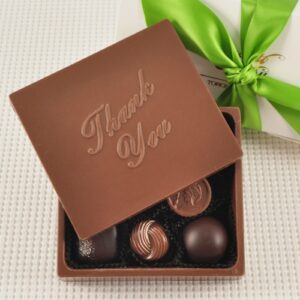 a chocolate Thank You Greeting Card box filled with truffles