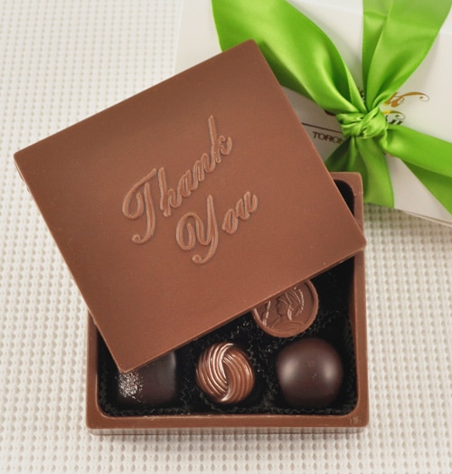 a chocolate Thank You Greeting Card box filled with truffles