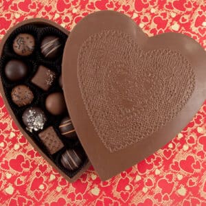 Chocolate Lacey Heart Box filled with handcrafted Chocolates